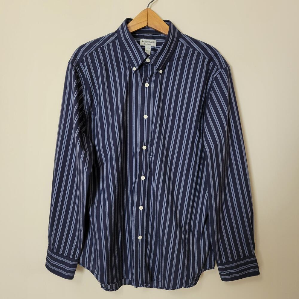 St John's Bay Iron Free Size L Button Down Stripe Long Sleeve Men's Shirt Blue